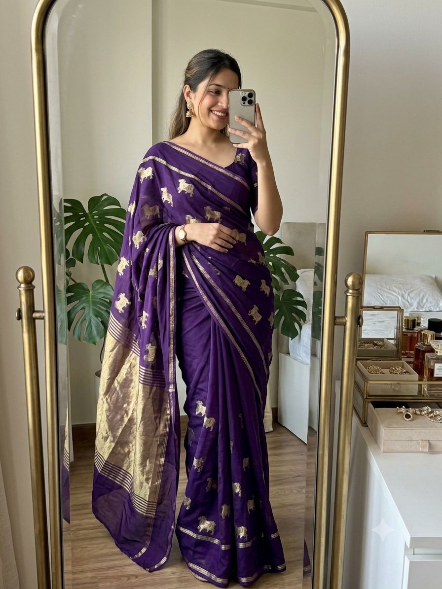 Pure Soft Viscose Crepe Silk Saree with Chit Pallu Design